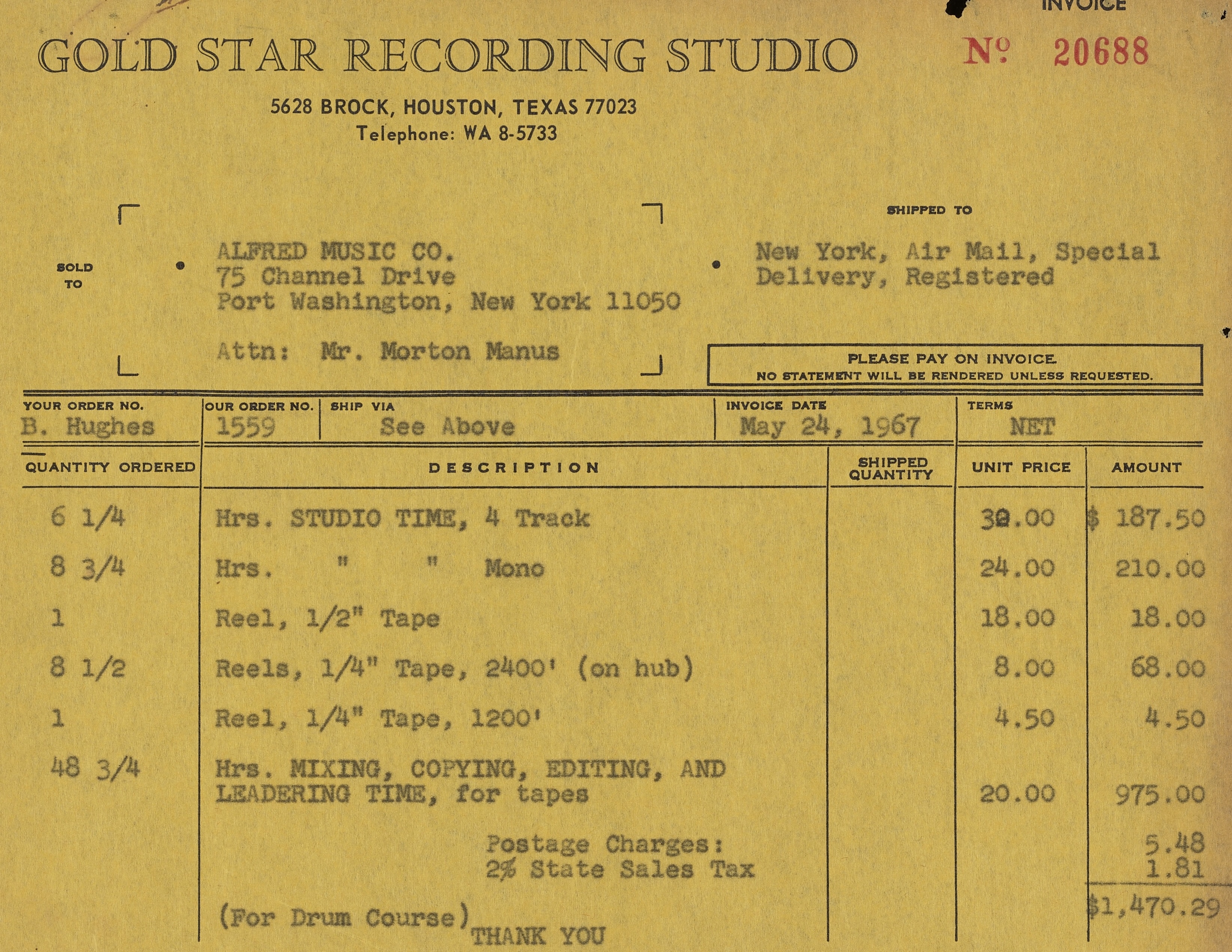 Image of an invoice, on yellow carbon paper